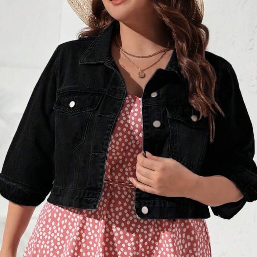 Plus black Button 3/4 Sleeve denim Cropped Jean Jacket